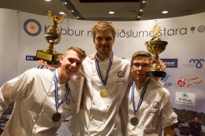 Verðlaunahafar í Matreiðslumaður ársins 2012 F.v. Garðar Kári Garðarsson (3. sæti), Bjarni Siguróli Jakobsson (1. sæti) og Hafsteinn Ólafsson (2. sæti)