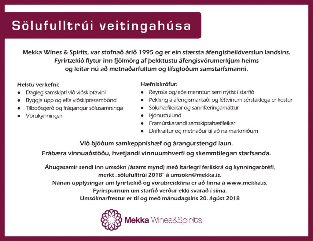 Atvinnuauglýsing Mekka wines & spirits - sölufulltrúi veitingahúsi