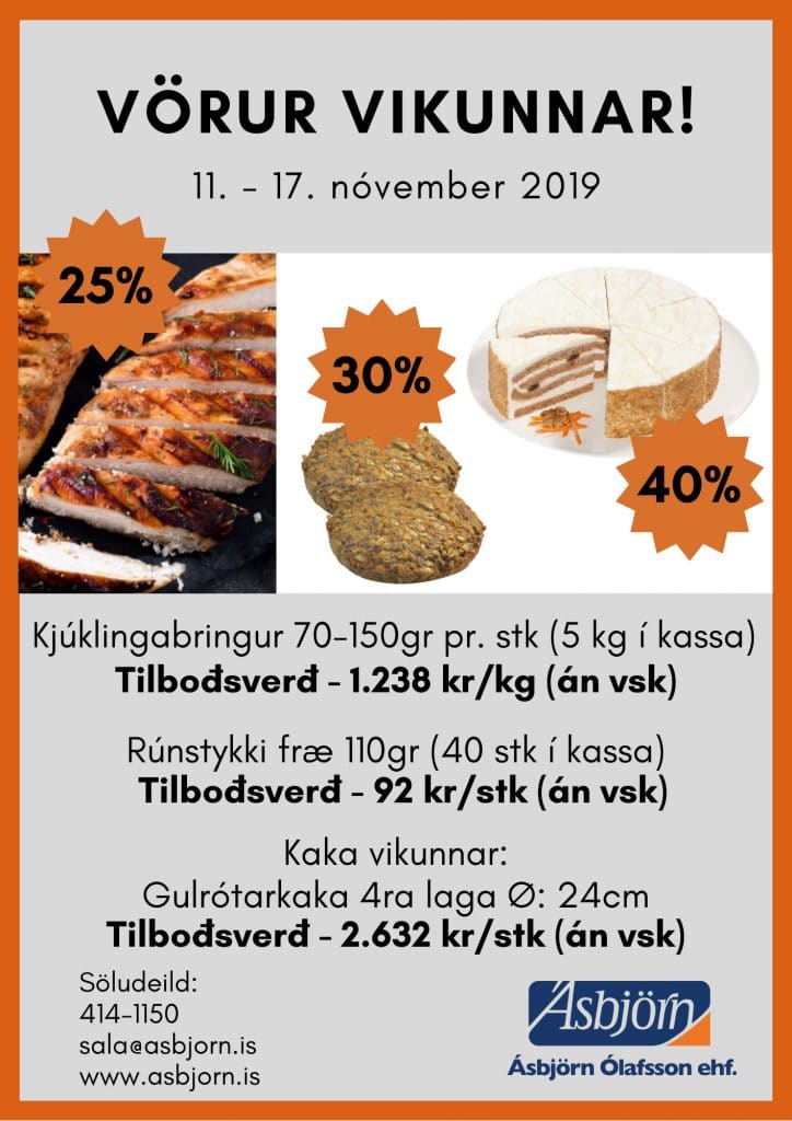 Kjúklingabringur, rúnstykki og gulrótarkaka eru vörur vikunnar hjá Ásbirni Ólafssyni ehf.