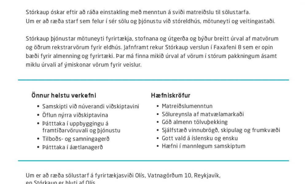 Gott sölustarf í boði fyrir einstakling með matreiðslumenntun