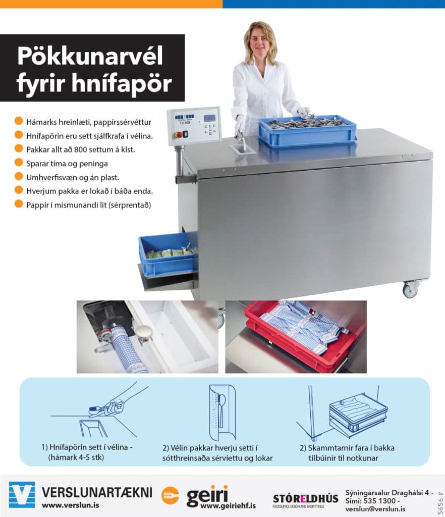 Pökkunarvél fyrir hnífapör - Pakkar allt að 800 settum á klukkustund - Sparar tíma og peninga - hámarks hreinlæti.