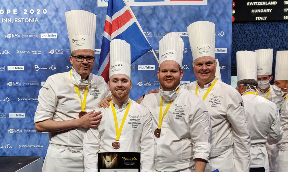 Þráinn Freyr Vigfússon þjálfari, Gabríel Kristinn Bjarnason aðstoðarmaður, Sigurður Kristinn Laufdal Haraldsson Bocuse d´Or keppandi og Sturla Birgisson dómari.