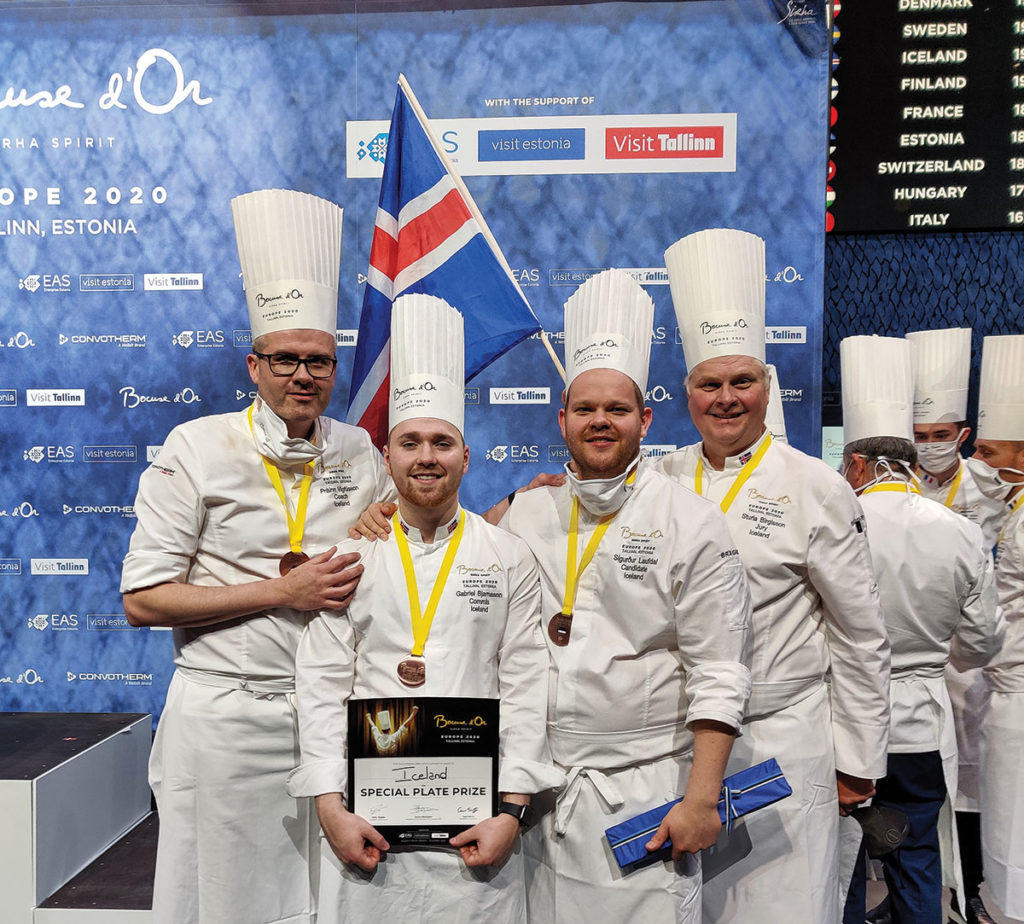 Þráinn Freyr Vigfússon þjálfari, Gabríel Kristinn Bjarnason aðstoðarmaður, Sigurður Kristinn Laufdal Haraldsson Bocuse d´Or keppandi og Sturla Birgisson dómari.