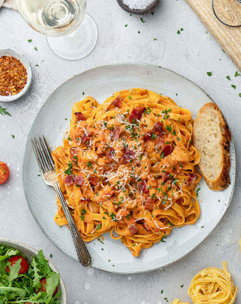 rjómalagað humar tagliatelle með stökku beikoni