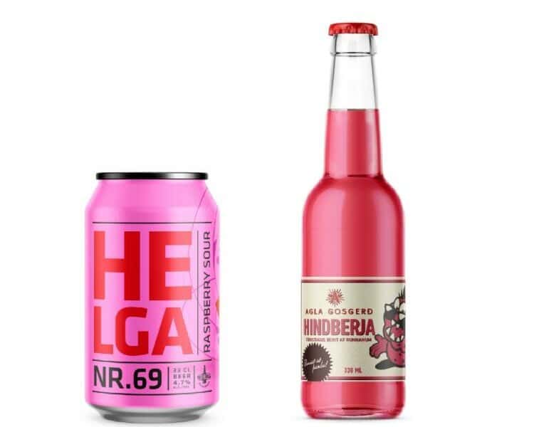 Hindberjagos frá Öglu gosgerð 0,33l gler og Helgu 0,33l dós frá Borg brugghús