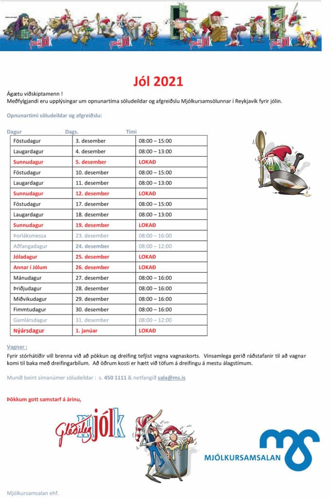 Opnunartími og dreifing yfir hátíðarnar hjá Mjólkursamsölunni 2021