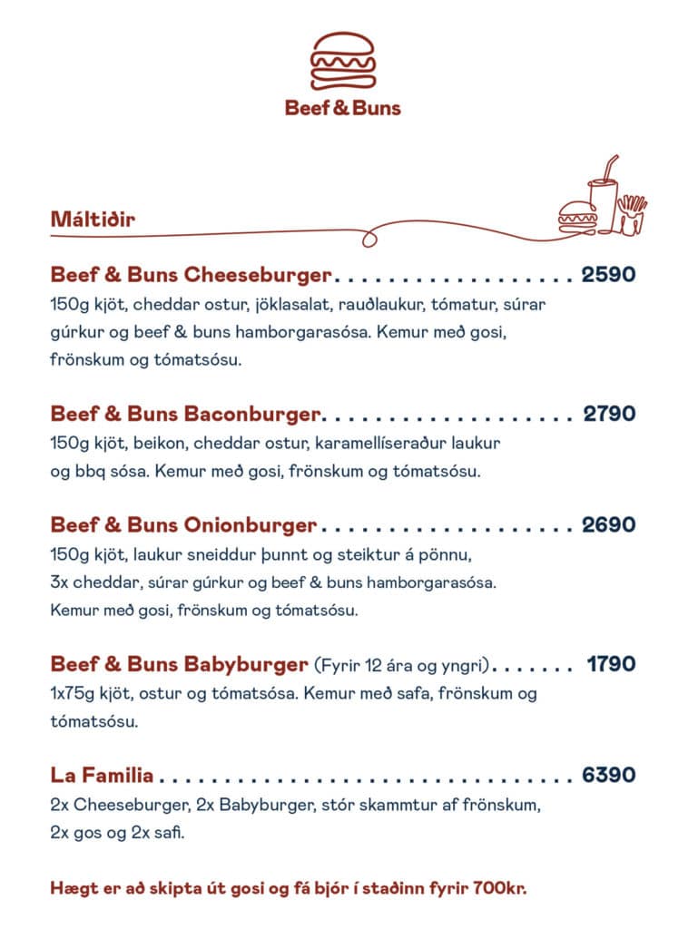 Beef & Buns í Mathöll Höfða - Matseðill