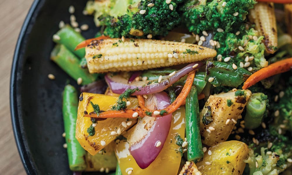 Grænmeti - Steikt - Maís - Rauðlaukur - Spergilkál - Broccoli - Belgbaunir - Paprika