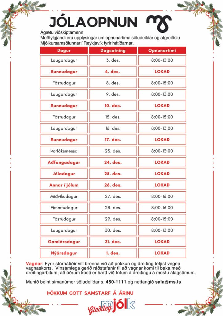 Mjólkursamsalan - Opnunartími Jól 2023
