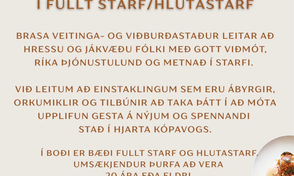 Brasa leitar að þjón­um & barþjón­um í fullt starf/hlutastarf með ríka þjónustulund