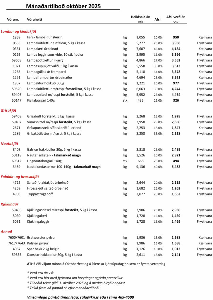 Fyrsti vetrardagur, Kjötsúpudagurinn og íslensk kjötsúpa ásamt Októberfest pylsum og bratwurst á október tilboði
